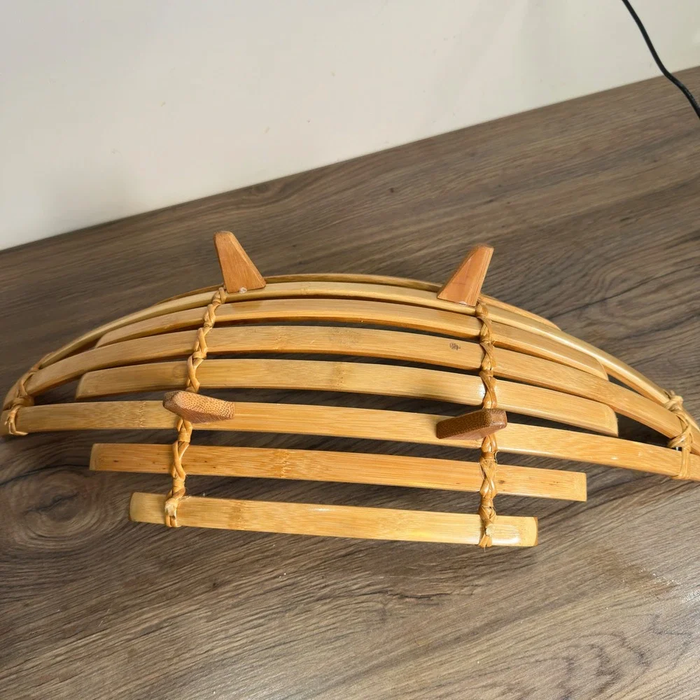 Handmade Bamboo Fruit Basket Boat Bowl Natural Wood Slatted Centerpiece 19.5in